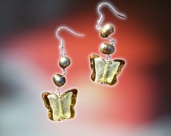 GLASS BEAD EARRINGS - Lampwork beads | butterfly earrings | stainless steel hooks | freshwater pearls