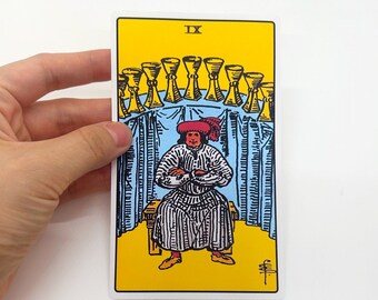 Tarot sticker "Nine of Cups" Large - Rider-Waite Minor Arcana reading card, big water resistant bottle laptop bottle suitcase gifts