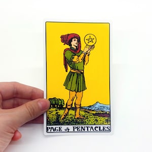 Pegatina del tarot "Página de Oros" Grande - Tarjeta de lectura de Arcanos Menores Rider-Waite, maletas portátiles con botella resistente al agua mate grande coloridas