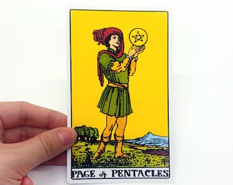 Tarot sticker "Page of pentacles" Large - Rider-Waite Minor Arcana reading card, big matte water resistant bottle laptop suitcases colorful