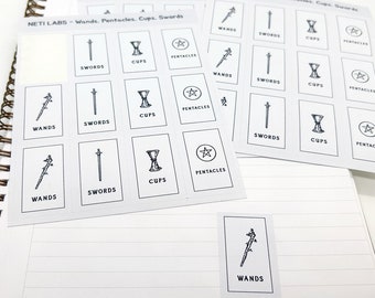 Small tarot minor arcana stickers - 24 mini Rider Waite inspired, 6 x Cups Pentacles Swords Wands planner journaling 2 sticker sheets
