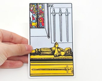 Tarot sticker "Four of swords" Large - Rider-Waite Minor Arcana reading card, big matte water resistant bottle laptop suitcases colorful