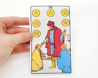 Tarot sticker "Six of pentacles" Large - Rider-Waite Minor Arcana reading card, big matte water resistant bottle laptop suitcase color gift