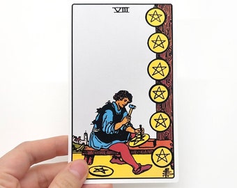 Tarot sticker "Eight of pentacles" Large - Rider-Waite Minor Arcana reading card, big matte water resistant bottle laptop colorful gifts