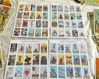 Small Tarot Card Stickers - Rider Waite 78 cards full mini tarot deck + 2 back, Tarot Planner, Tarot Journaling, 4 sheets - 80 stickers