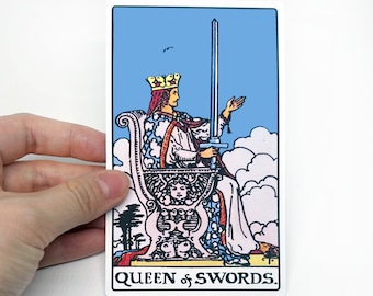 Tarot sticker "Queen of swords" Large - Rider-Waite Minor Arcana reading card, big water resistant bottle laptop suitcases colorful vinyl