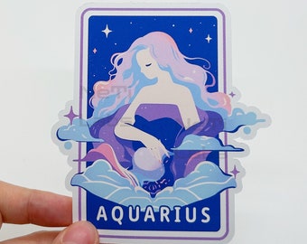 タロットカード水瓶座ステッカー、星座占星術ステッカー、オリジナルデザイン防水マットダイカットビニール、ラップトップステッカー