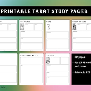Puede incluir: Páginas de estudio de tarot imprimibles con ilustraciones en blanco y negro del Loco, el Mundo, las Copas, las Varitas, el Sol y la Reina de Copas. Cada página tiene secciones para palabras clave, interpretaciones, significado invertido y notas personales. También se incluye el texto "92 páginas", "Para las 78 cartas y más" y "PDF imprimible".