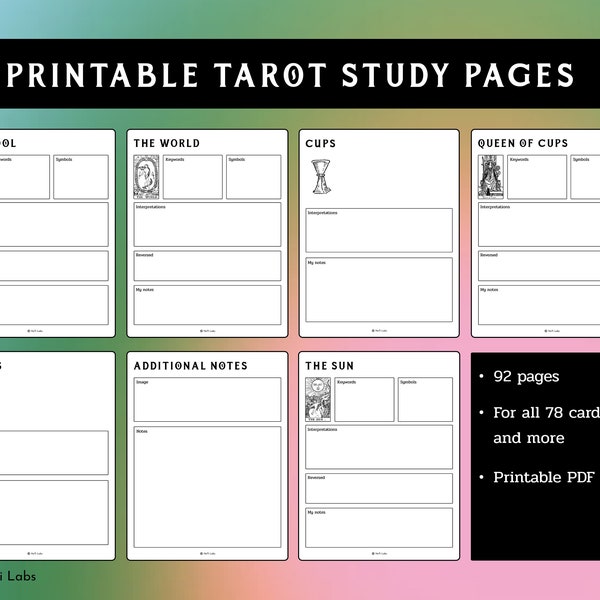 Printable Tarot study pages & guide, 92 pages, making your all notes covering 78 cards. Instant download, beginner digital DIY annotation