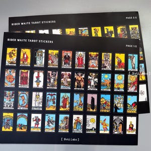 May include: Two sheets of black cardstock with the text "Rider Waite Tarot Stickers" printed in white. Each sheet features a grid of 72 colorful tarot card stickers, depicting various symbols and figures from the Rider Waite tarot deck. The text "Page 1/2" and "Page 2/2" is printed in white on the top right corner of each sheet.