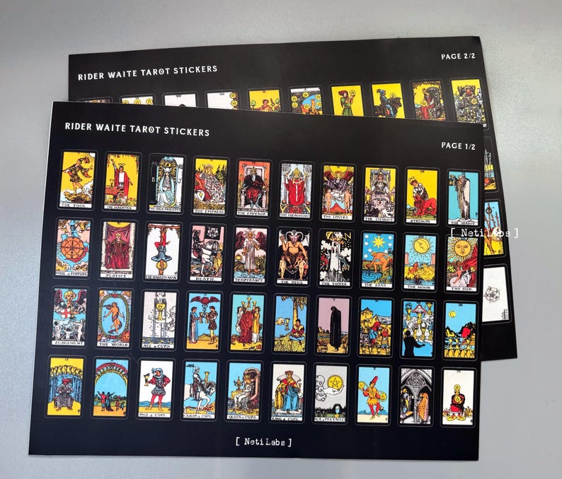 May include: Two sheets of black cardstock with the text "Rider Waite Tarot Stickers" printed in white. Each sheet features a grid of 72 colorful tarot card stickers, depicting various symbols and figures from the Rider Waite tarot deck. The text "Page 1/2" and "Page 2/2" is printed in white on the top right corner of each sheet.