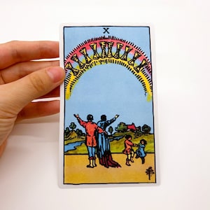 Pegatina de tarot "Diez de copas" Grande - Tarjeta de lectura de Arcanos Menores Rider-Waite, gran mate vibrar colores portátil botella maleta arco iris regalo