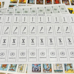 Folha pequena de adesivos de tarô arcanos menores - 40 mini copos inspirados em Rider Waite pentáculos espadas varinhas 10 cada adesivos de diário de planejador de tarô