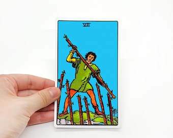 Tarot sticker "Seven of wands" Large - Rider-Waite Minor Arcana reading card, big water resistant bottle laptop suitcase kindle colorful