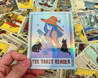 Der Tarot-Leser, Tarot-Karte, holografischer Aufkleber, Hexen-Aufkleber, Tarot-Aufkleber, holografischer Tarot-Aufkleber, Aufkleber, Hexe, Katzen, lesen