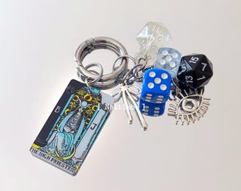 The High Priestess Tarot Card Lucky Dice Keychain Acrylic, Rider Waite Tarot Bag Charm Celestial Dice Decor Key Handmade Unique Witchy Gifts
