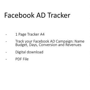 Könnte beinhalten: Ein weißer digitaler PDF-Download mit dem Titel "Facebook AD Tracker". Der Tracker dient zur Überwachung von Facebook-Werbekampagnen, einschließlich Name, Budget, Tage, Conversion und Umsatz. Das Dokument hat das Format A4.