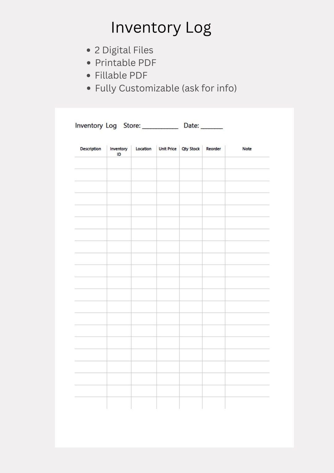 Inventory Log Printable & Fillable PDF | Stock - Supply Tracker | Small ...