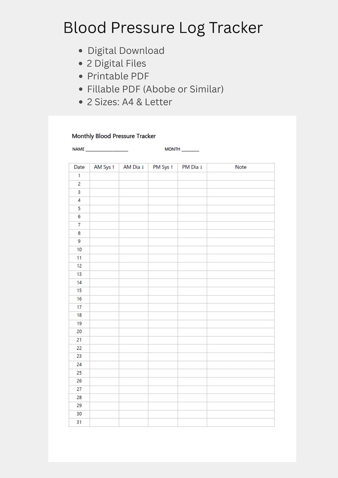 Blood Pressure Tracker Printable and Fillable | BP Log PDF | Heart Rate ...