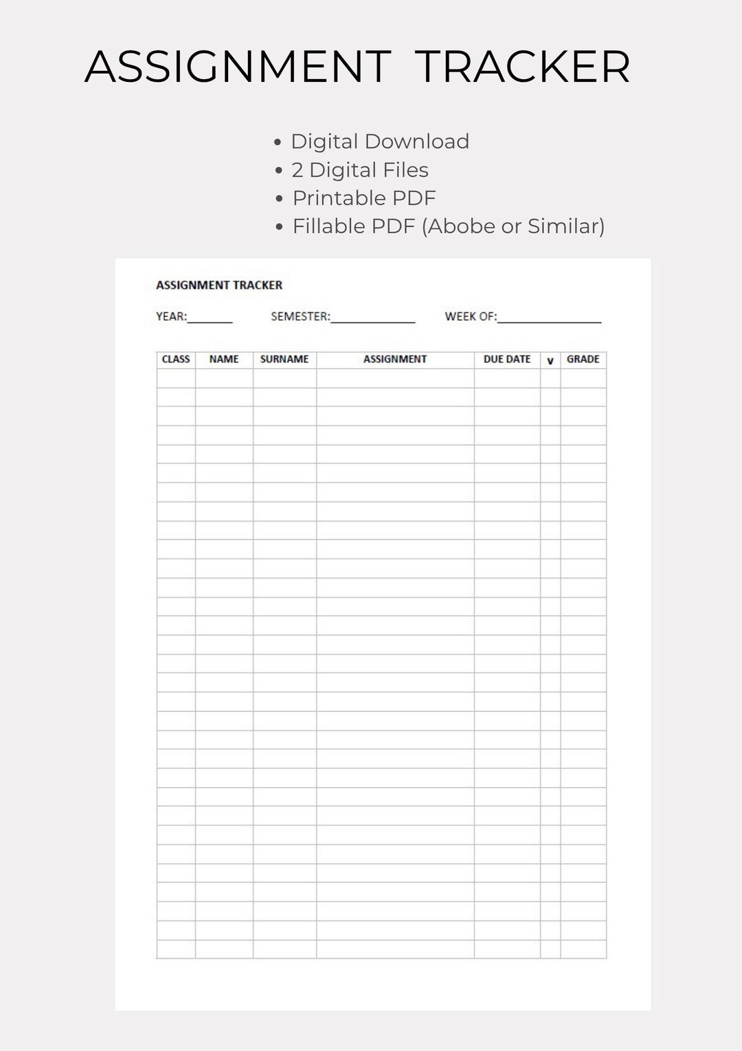 Printable & Fillable Assignment Tracker | Student Planner PDF ...