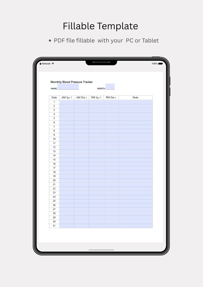 Blood Pressure Tracker Printable and Fillable | BP Log PDF | Heart Rate ...