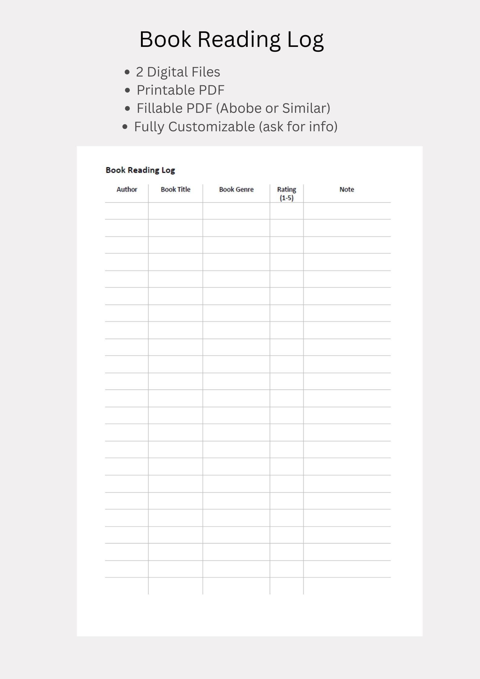 Printable Fillable Book Reading Log | A4 PDF Planner Insert - Etsy