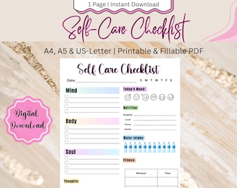 Daily Self-Care Checklist & Mood Tracker | Mind-Body-Soul | Daily Reflection | Health and Wellness | Digital Download | Fillable PDF