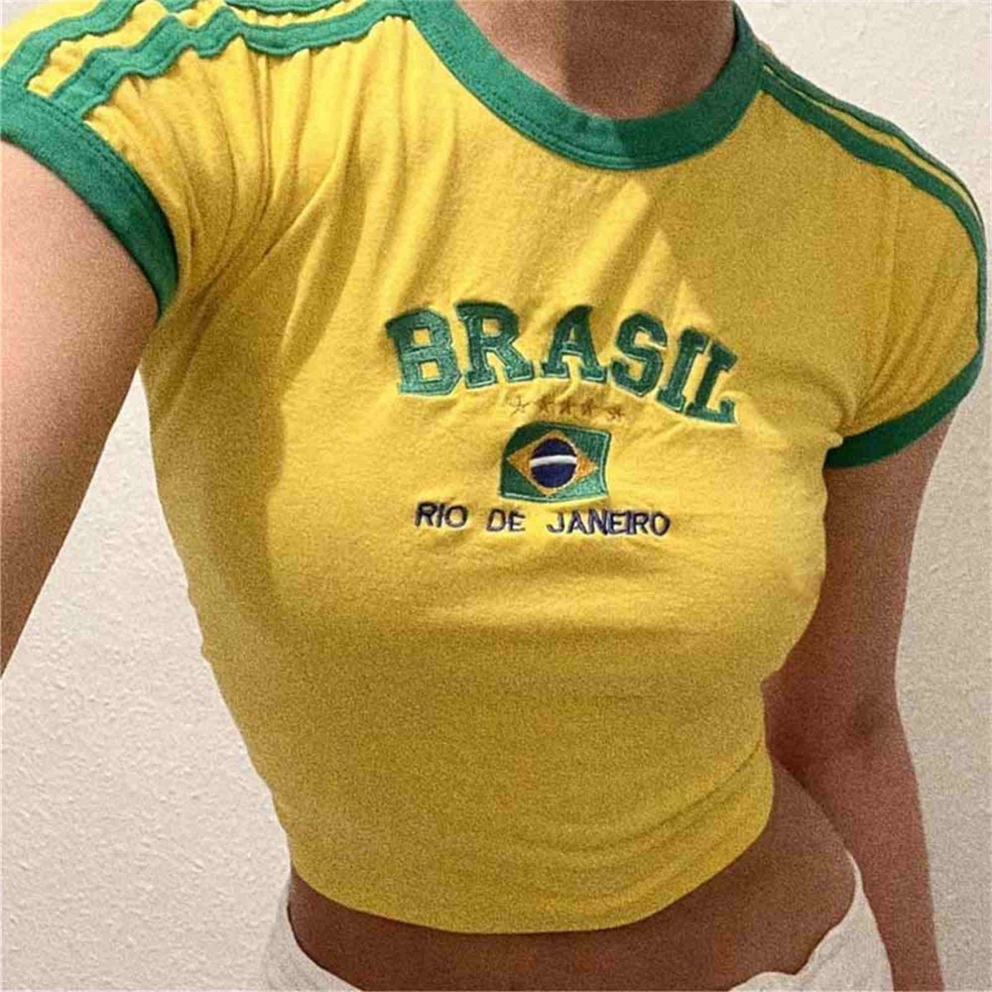 Yellow Brazil Top Y2K Brazilian Flag Tshirt Vintage Soccer Baby Tee