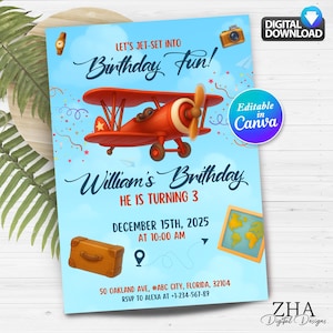 Time Flies Birthday Invitation for your Boy: Airplane Invitation Birthday boy | Plane Theme Birthday | Instant DOWNLOAD | Editable in CANVA