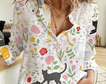 Blommig kattblus | Cottagecore kattskjorta | Söt botanisk katttopp | Kattälskarepresent till kvinnor