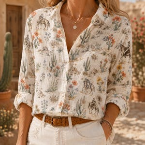 Puede incluir: Una camisa de manga larga con botones en tela color hueso con un estampado de tem&aacute;tica des&eacute;rtica que incluye ilustraciones de cactus, flores silvestres coloridas y figuras a caballo. La camisa est&aacute; metida en un pantal&oacute;n blanco con cintur&oacute;n.