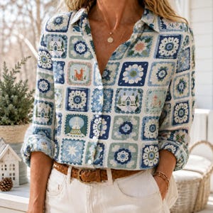 May include: A long-sleeve button-down shirt featuring a repeating square pattern in shades of blue, green, and white. The print includes illustrations of houses, foxes, snowmen, and floral motifs. The shirt is worn tucked into light-colored pants.