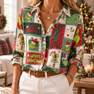 Green Christmas Blouse for Women, Funny Holiday Patchwork Button Down Shirt, Christmas Gift