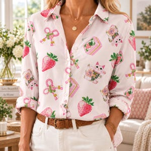 May include: A white long-sleeve button-down shirt featuring a repeating pattern of pink strawberries, beckoning cats with green scarves, and pink decorative knots. The shirt has a classic collar, a front button placket, and long sleeves with cuffs.