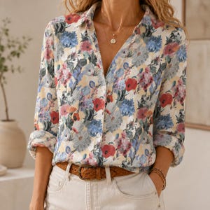Könnte beinhalten: Ein langärmeliges Hemd mit Knopfleiste und einem lebendigen Blumenmuster aus roten, blauen und rosafarbenen Blüten auf hellgelbem Grund. Das Hemd hat einen klassischen Kragen, eine durchgehende Knopfleiste und ist in eine helle Hose mit braunem Gürtel gesteckt.