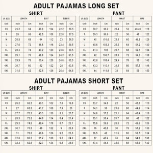 May include: A black and white sizing chart for adult pajamas, featuring two main sections for long and short sets. Each section includes tables for shirt and pant measurements in inches and centimeters, ranging from sizes XS to 5XL for all items.