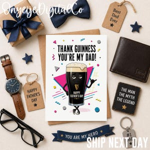 K&ouml;nnte beinhalten: Eine Father's Day-Komposition mit einer Gru&szlig;karte im Guinness-Design, einer braunen Ledergeldb&ouml;rse, einer Uhr und einer Geschenkbox. Auf der Karte steht "Thank Guinness You're My Dad!" und "Happy Father's Day."
