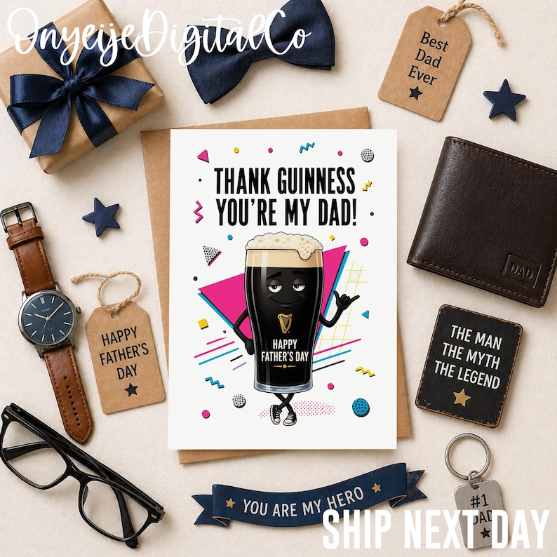K&ouml;nnte beinhalten: Eine Father's Day-Komposition mit einer Gru&szlig;karte im Guinness-Design, einer braunen Ledergeldb&ouml;rse, einer Uhr und einer Geschenkbox. Auf der Karte steht "Thank Guinness You're My Dad!" und "Happy Father's Day."
