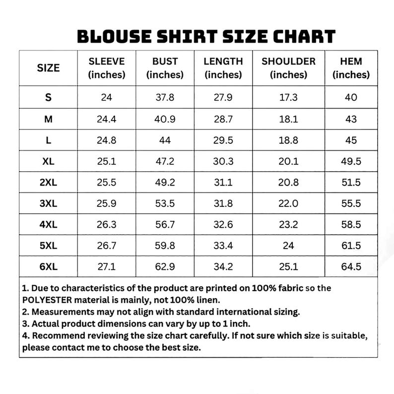 Puede incluir: Una tabla de tallas de blusa en blanco y negro con columnas para las medidas de manga, busto, largo, hombro y dobladillo en pulgadas para las tallas S a 6XL, incluyendo notas sobre el material de poli&eacute;ster y variaciones de medidas.