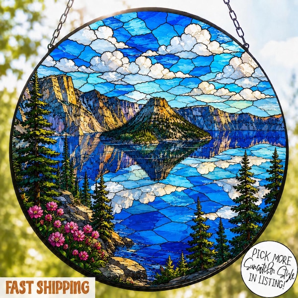 Crater Lake Mirror Reflection Stained Glass Suncatcher, Mountain Landscape Window Hanging, National Park Decor, Hiking Gift