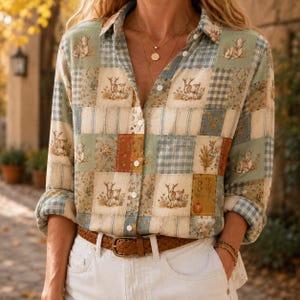 May include: A long-sleeved button-down shirt featuring a patchwork pattern of light blue gingham, floral prints, and illustrations of small goats. The shirt has a collar, white buttons, and is tucked into white trousers with a brown woven leather belt.