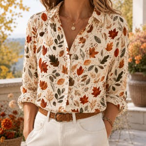 Puede incluir: Una camisa de manga larga con botones en color blanco roto con un estampado de hojas de otoño en tonos naranja, rojo, marrón y verde oscuro. La camisa está metida por dentro de un pantalón blanco con un cinturón de cuero trenzado marrón.