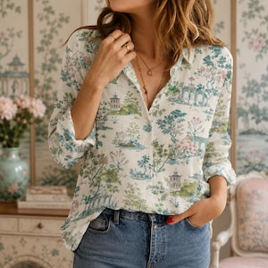 May include: A long-sleeved button-down shirt featuring a white base with a repeating green, blue, and pink landscape print depicting pagodas, trees, and architectural structures, paired with blue denim jeans and a gold layered necklace.