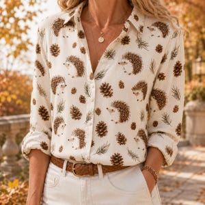 Hedgehog Fall Blouse for Women, Woodland Animal Print Shirt, Cozy Long Sleeve Button Up Top