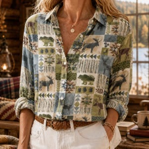 May include: A long-sleeve button-down shirt featuring a patchwork pattern of forest animals including bears, moose, and deer, interspersed with geometric shapes in shades of green, blue, and tan. The shirt has a collar and white buttons.