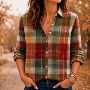 May include: A long-sleeve button-down shirt featuring a plaid pattern in shades of rust red, olive green, mustard yellow, and cream. The shirt has a classic collar, a front button placket with white buttons, and is worn tucked into blue denim jeans.