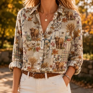 May include: A long-sleeved button-down shirt featuring a patchwork-style print of Highland cattle, pumpkins, wheat sheaves, and autumn leaves in shades of brown, orange, and green on a light beige background, paired with a brown woven belt.