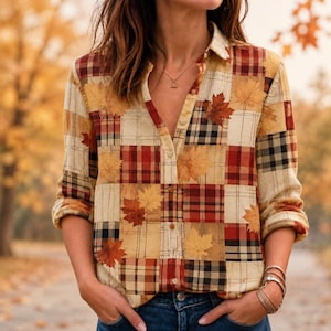 May include: A long-sleeve button-down shirt featuring a patchwork pattern of plaid squares in shades of red, orange, yellow, and cream, accented with printed autumn maple leaf motifs throughout the fabric and a classic collar design.