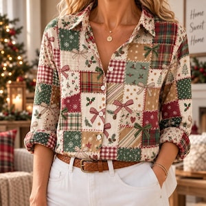 Peut inclure: Une chemise à manches longues boutonnée avec un motif patchwork composé de divers carrés sur le thème des fêtes. Le design présente des illustrations de nœuds, de sapins, de houx, de flocons de neige et de carreaux rouges, verts et beiges.