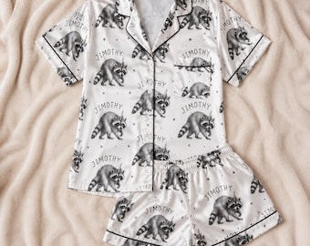 Jimothy Raccoon Pajama Set, Funny Raccoon Meme Satin Sleepwear, Women’s Short Pajamas, Animal Lover Gift